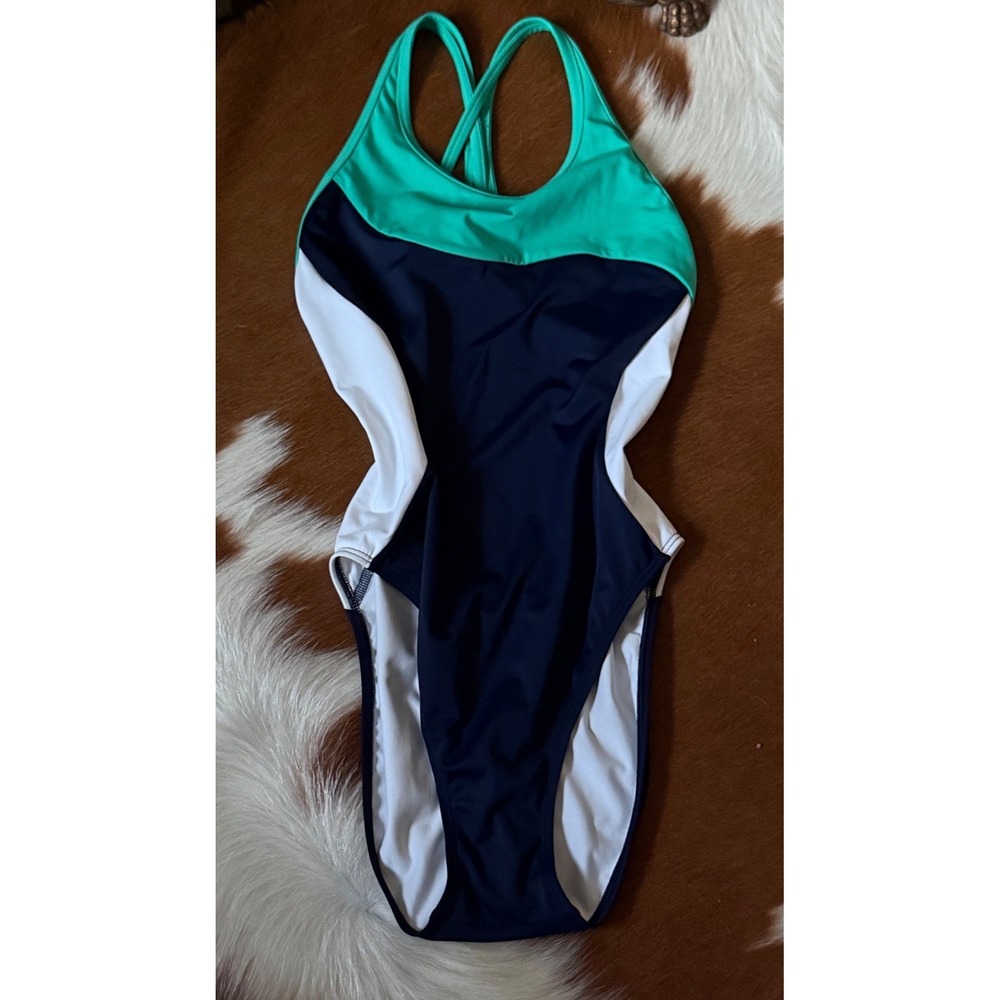 Athleta Freestyle Colorblock One Piece Swimsuit Navy Green White Size 36 - Picture 5 of 12